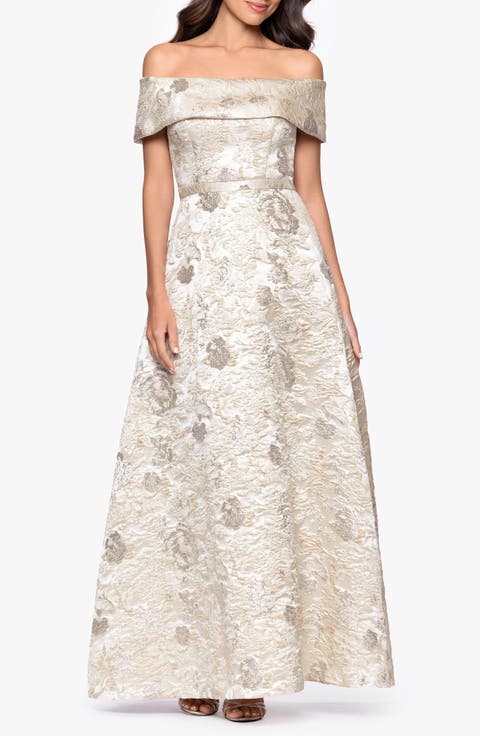 Metallic Floral Brocade Off the Shoulder Gown