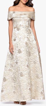 Xscape Evenings Metallic Floral Brocade Off the Shoulder Gown