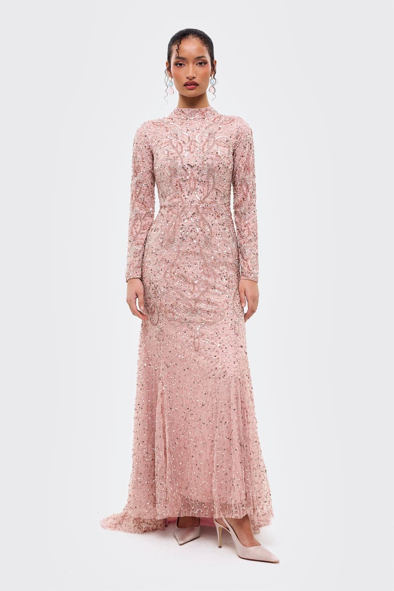 Modest Embellished Sequins Trail Gown, Main, color, FROSTED PINK