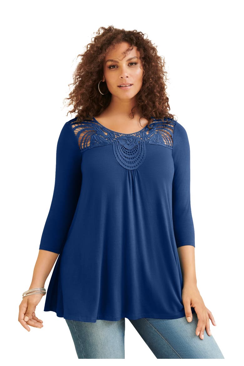 Plus Size Crochet Embellished Swing Ultra Femme Tee, Main, color, EVENING BLUE