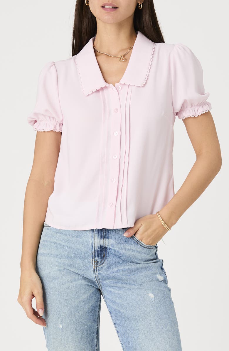 French Connection Lace Trim Short Sleeve Button-Up Shirt, Main, color, Pinky Promise