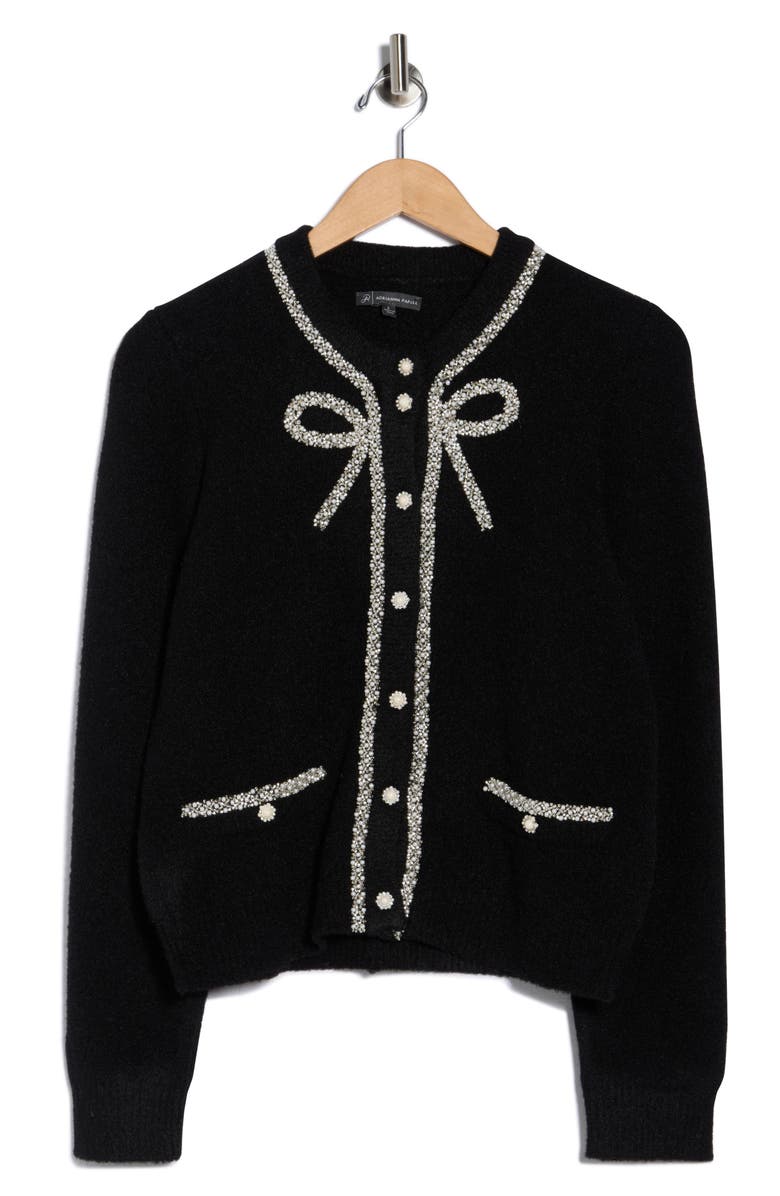 Adrianna Papell Pearl Bow Cardigan, Main, color, Black
