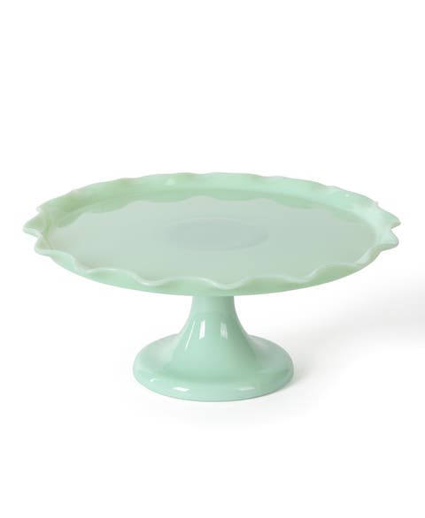 Highbrook Handmade Jadeite Glass Cake Stand with Ruffle Trim
