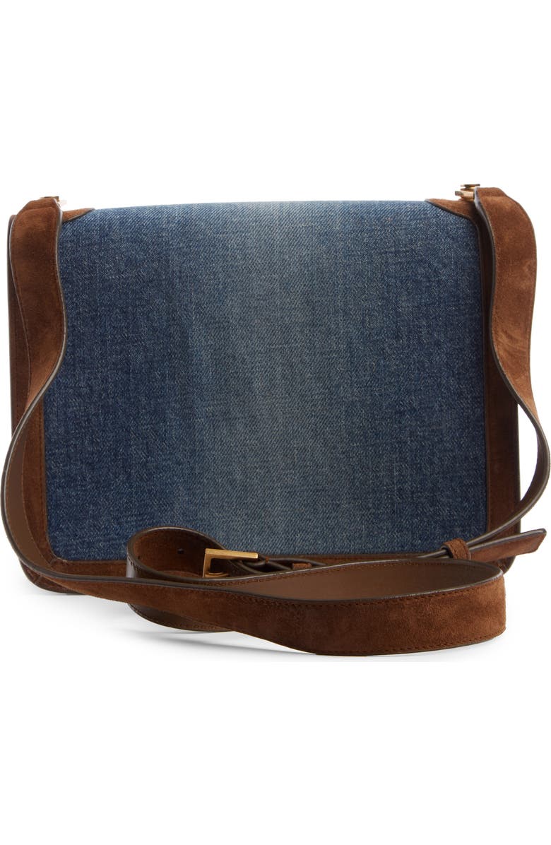 Saint Laurent Carre Denim & Suede Shoulder Bag, Alternate, color,