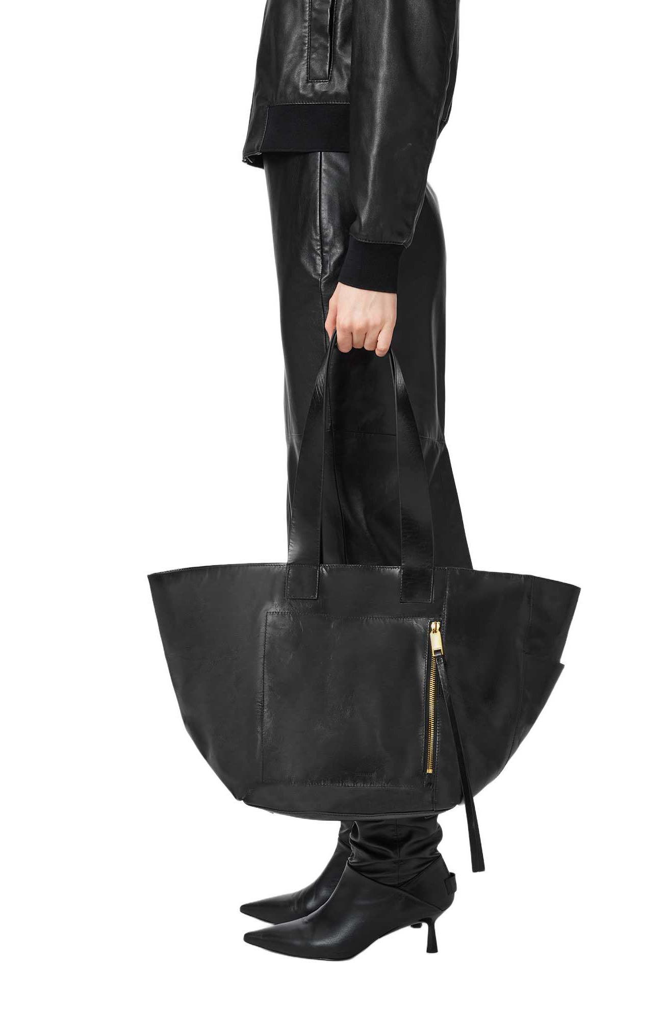 Alba Shine Leather East/West Tote, Alternate, color, BLACK