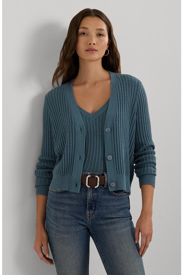 Crop Cotton Blend Cardigan, Alternate, color, BLUE DUSK