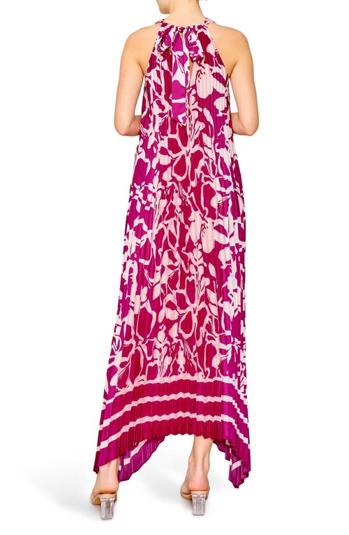 Melloday Pleated Floral Satin Maxi Dress In Magenta/ivory Print