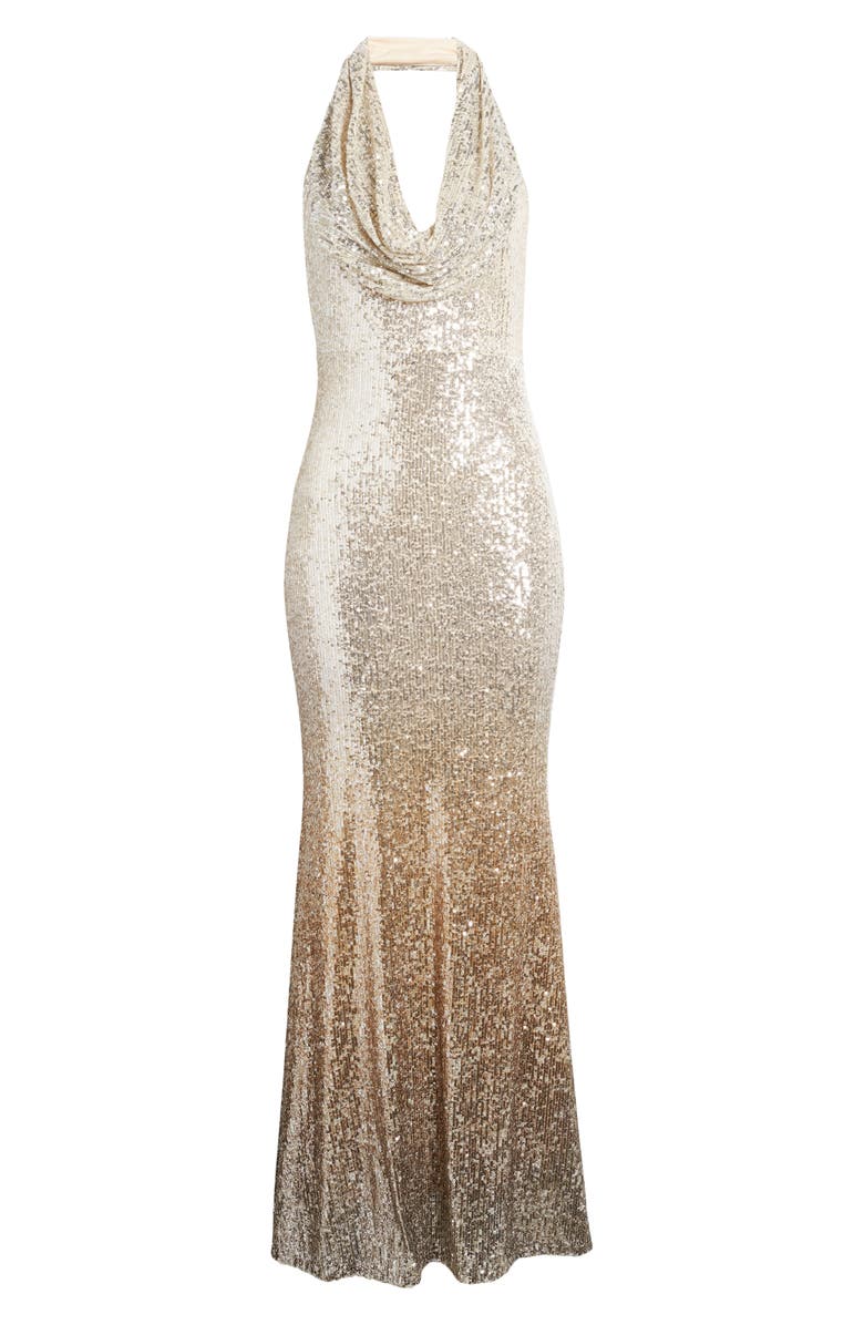 Jewel Badgley Mischka Ombré Sequin Cowl Halter Neck Gown, Alternate, color,