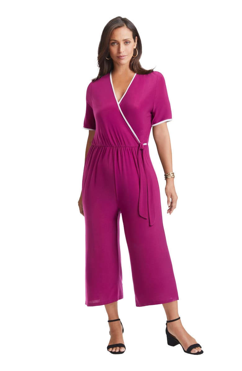 Jessica London Stretch Knit Cropped Wide Leg Jumpsuit, Main, color, Raspberry