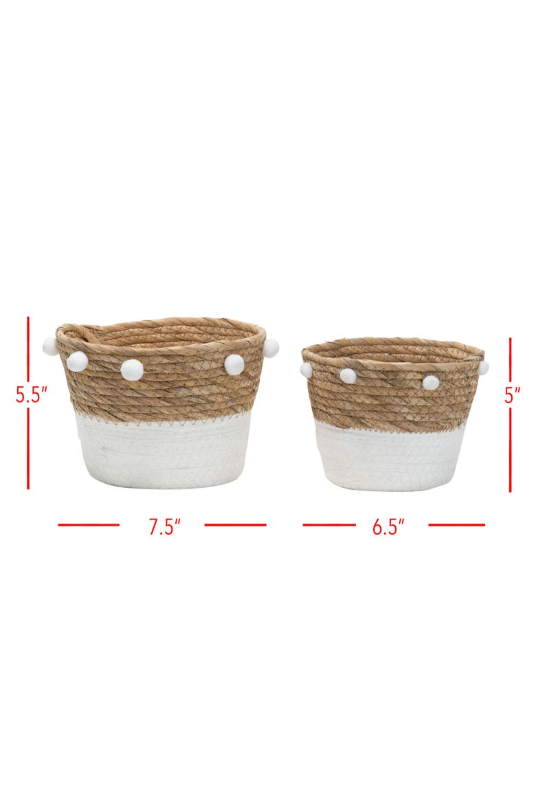 Set of 2 Natural Cattail Decorative Storage Baskets with Pom Poms, Alternate, color, White
