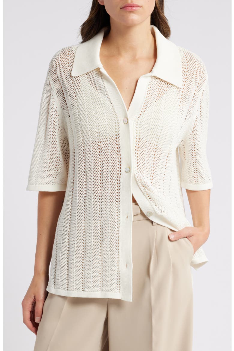 Open Stitch Short Sleeve Cotton Blend Cardigan Shirt, Main, color, WHITE DUSTY LIGHT
