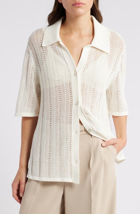 Open Stitch Short Sleeve Cotton Blend Cardigan Shirt