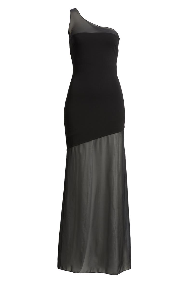 One-Shoulder Mixed Media Gown, Alternate, color, BLACK