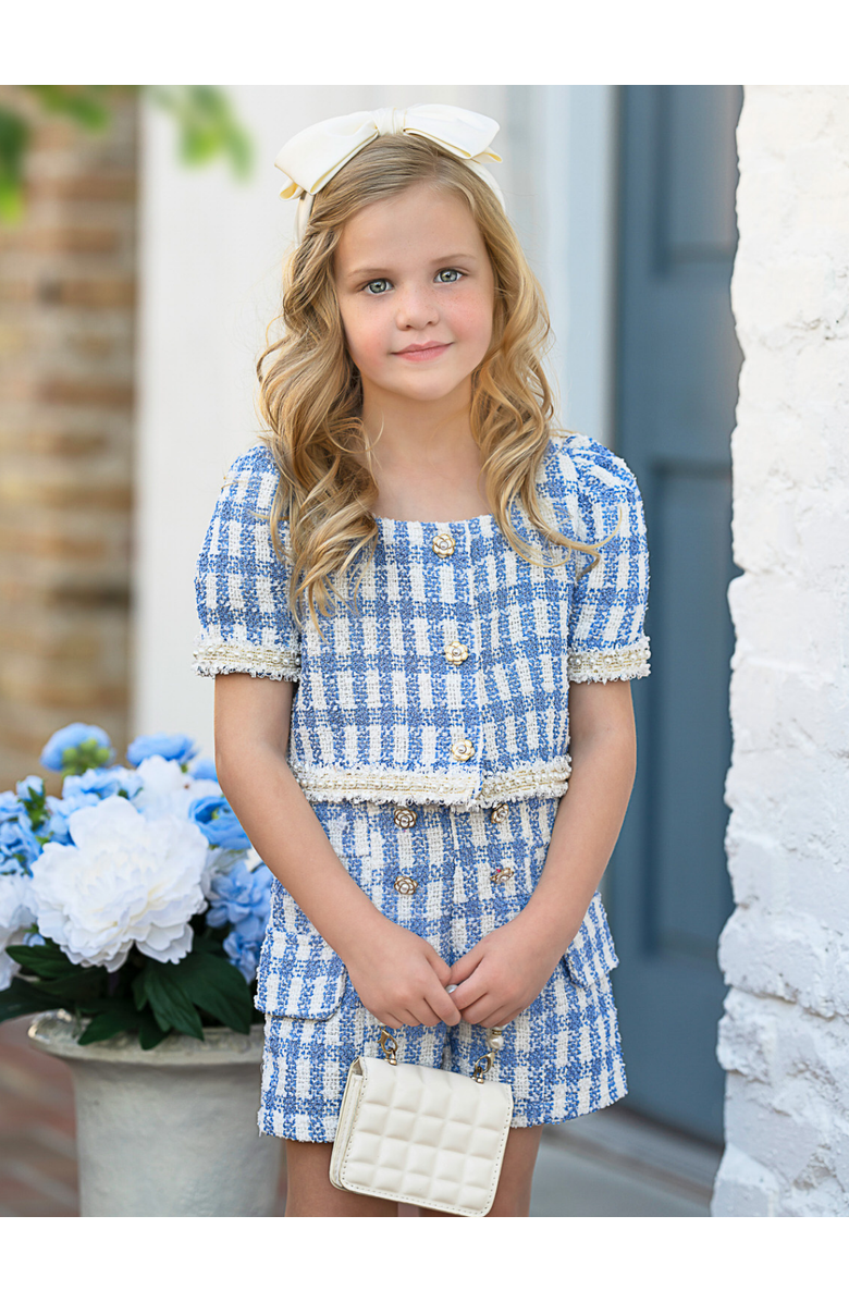 Mia Belle Girls Girls Blue Gingham Puff Sleeve Tweed Top and Short Set, Alternate, color,