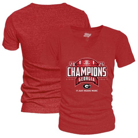 Women
s Blue 84 Red Georgia Bulldogs 2025 SEC Football Champions Locker Room V-Neck T-Shirt