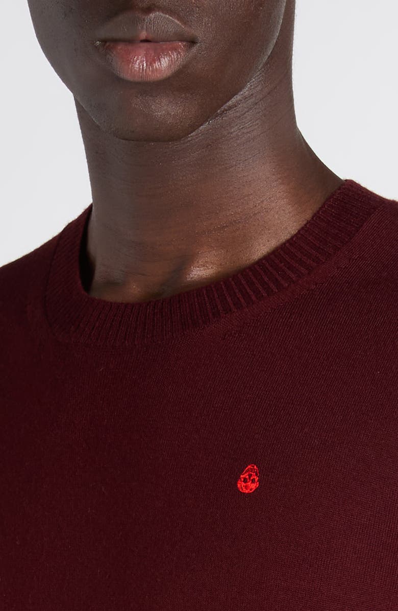McQueen Embroidered Skull Wool Crewneck Sweater, Alternate, color, Oxblood - Fiery Red
