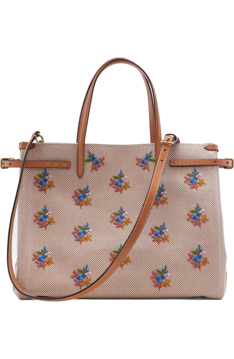 Valentino Garavani Medium Antibes Flower Embroidered Canvas Tote, Alternate, color, Tobacco
