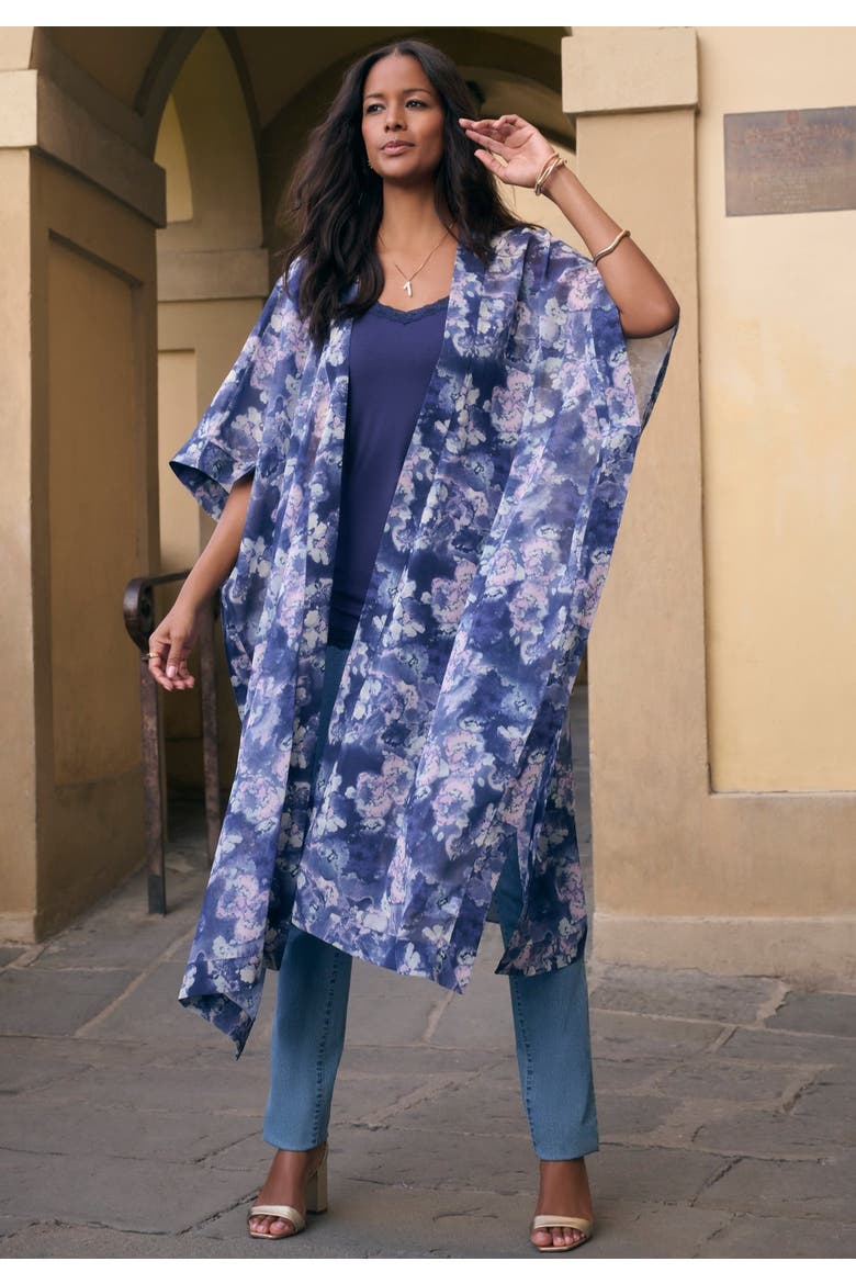 Plus Size Flowy Chiffon Duster, Alternate, color, NAVY SPRAY FLORAL