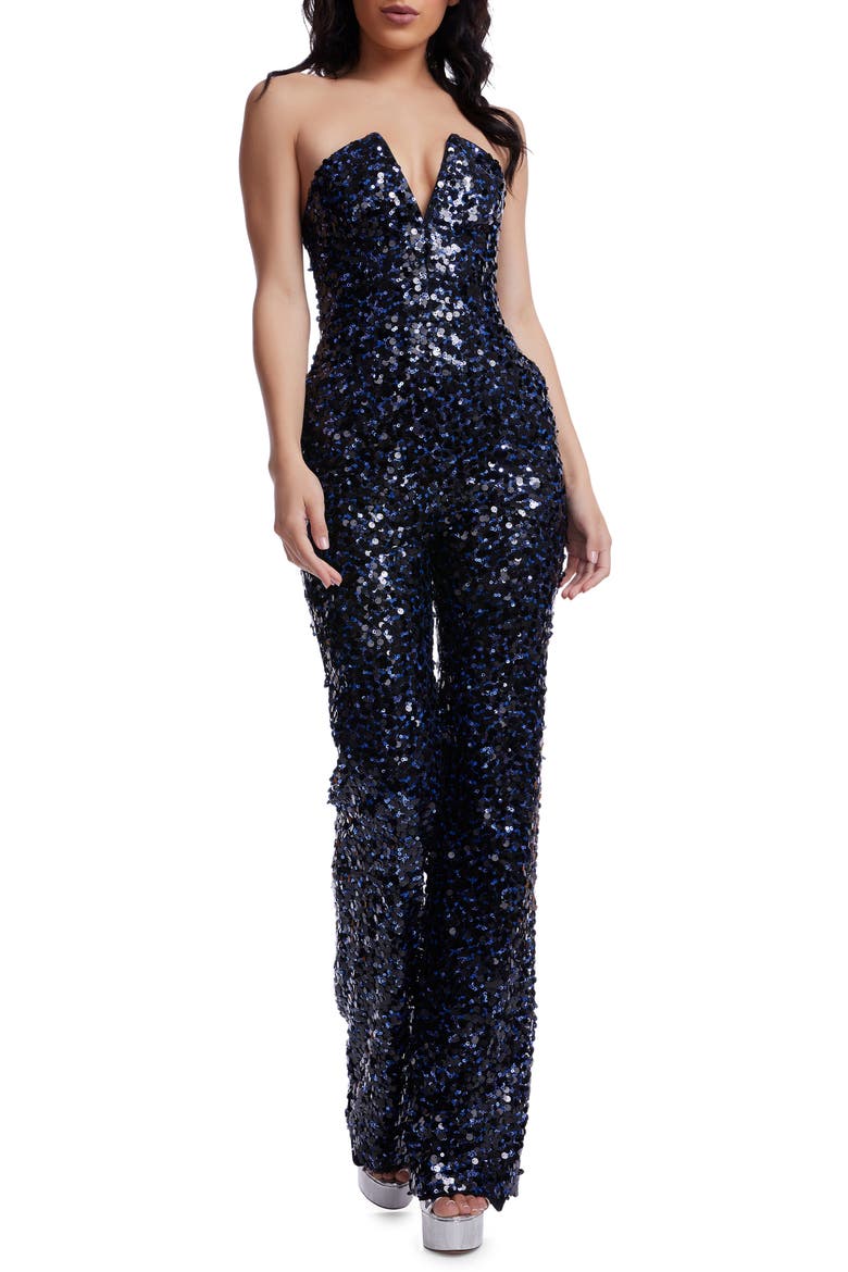 Fernanda Sequin Strapless Jumpsuit, Main, color, NAVY MULTI