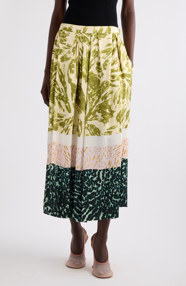 Dries Van Noten Mixed Print A-Line Midi Skirt, Main, color, Khaki