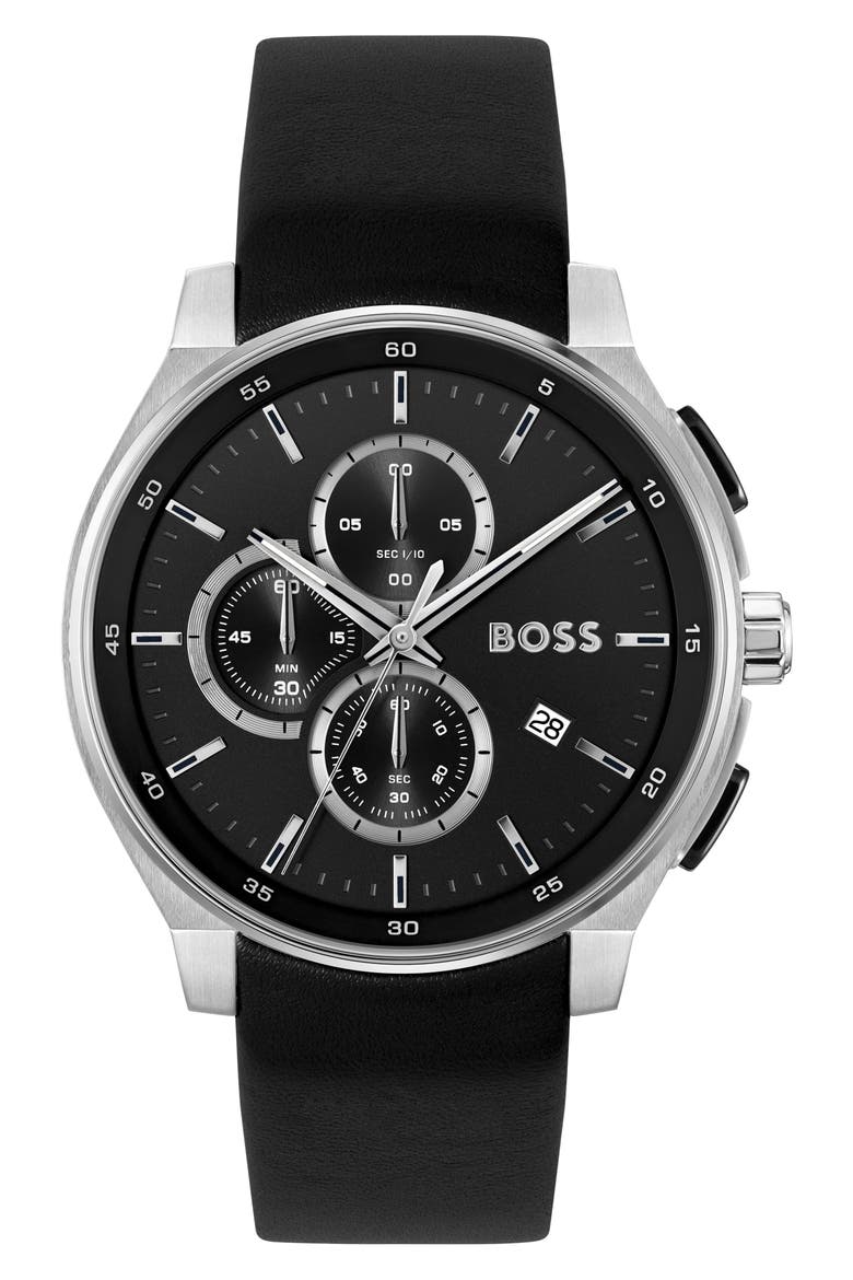 Peak 2.0 Chronograph Leather Strap Watch, 45mm, Main, color, BLACK
