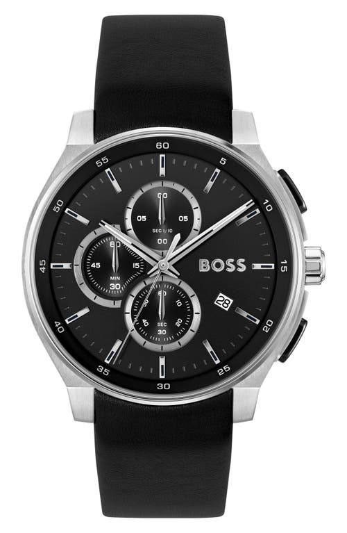 BOSS Peak 2.0 Chronograph Leather Strap Watch, 45mm in Black 