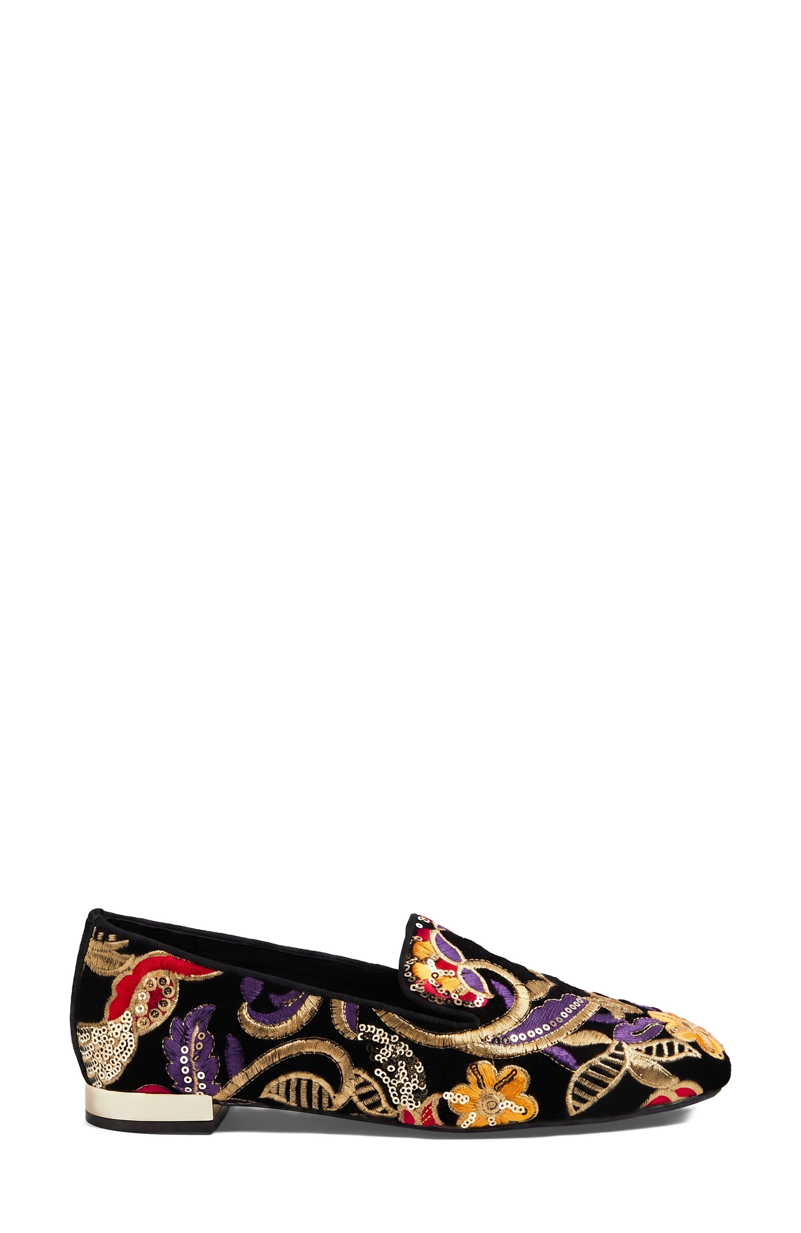 Faires Embroidered Loafer, Alternate, color, Black Embroidery Velvet