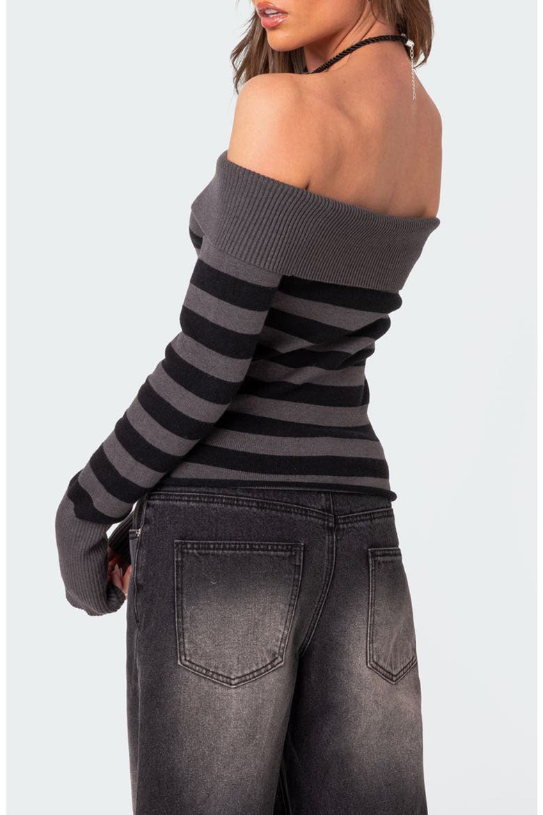 Melody Stripe Foldover Off the Shoulder Sweater, Alternate, color, BLACK-AND-GRAY