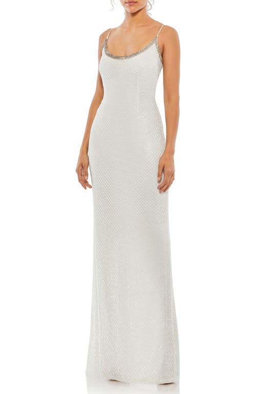 Mac Duggal Lattice Bead Sheath Gown In White