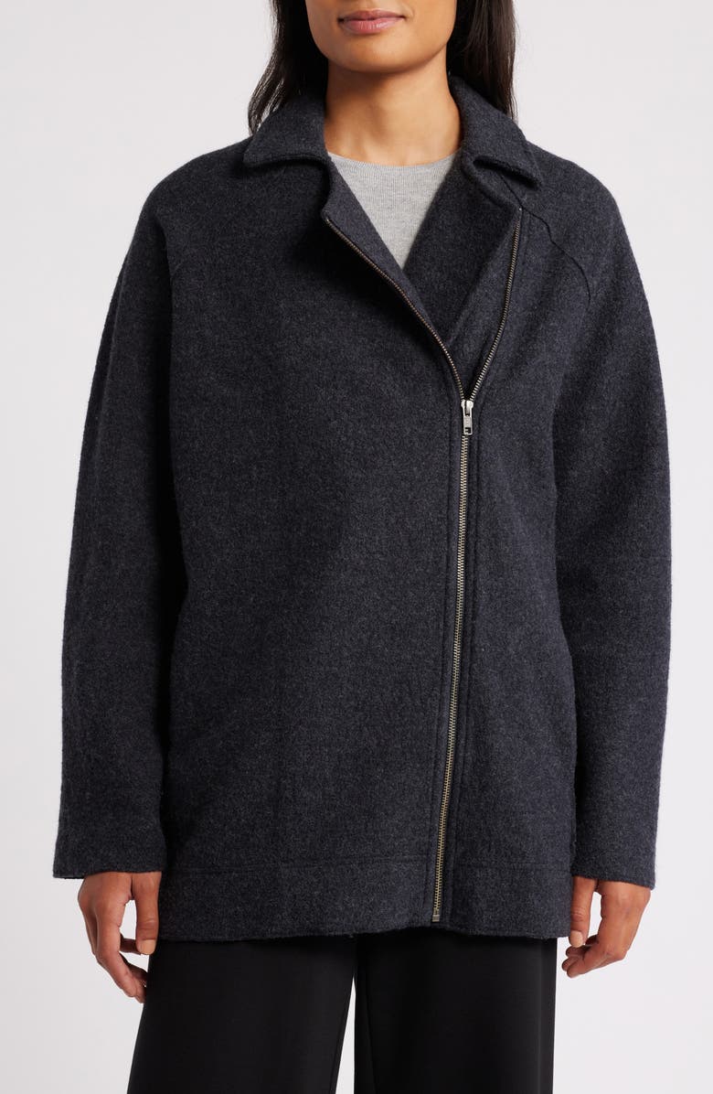 Eileen Fisher Longline Wool Motorcycle Jacket, Alternate, color, Charcoal