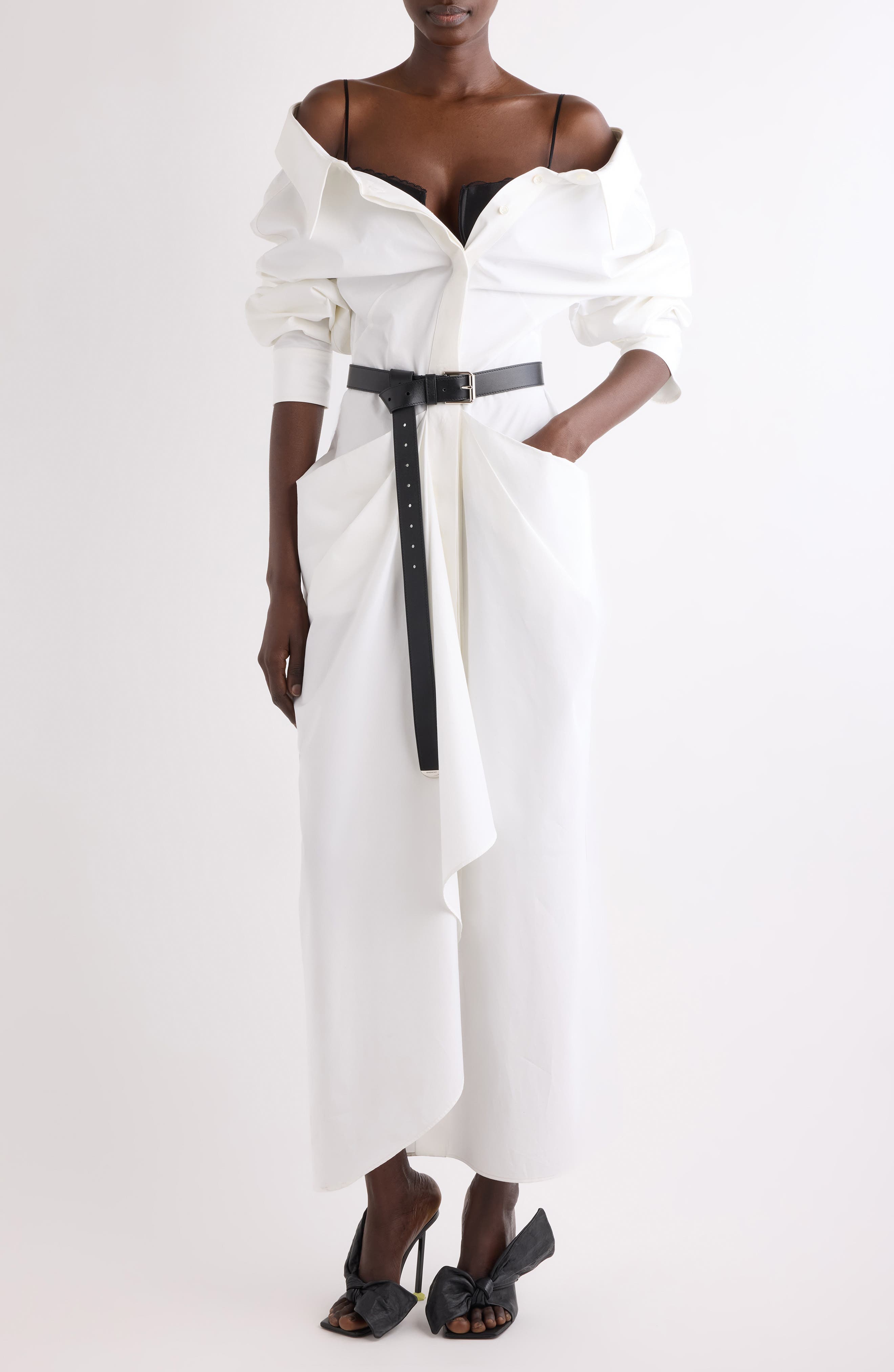 Slashed Long Sleeve Cotton Poplin Shirtdress