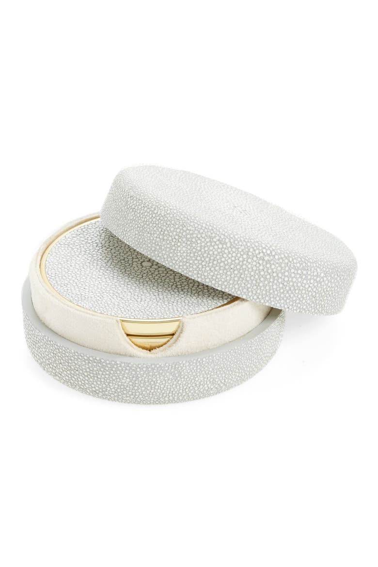 Faux Shagreen Set of 4 Coasters with Lidded Holder, Main, color, DOVE