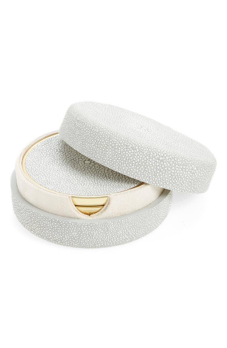 Aerin Shagreen Set of 4 Coasters with Lidded Holder, Main, color, Dove