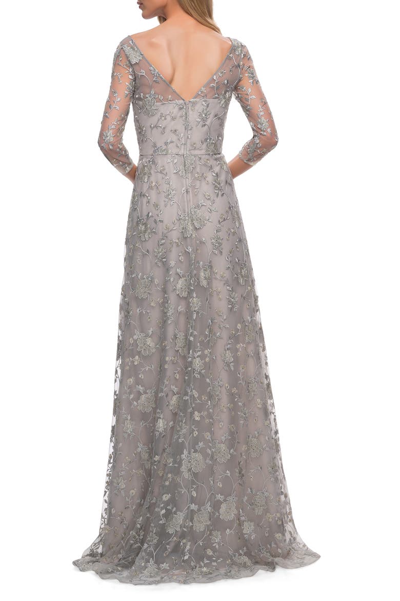 Embroidered A-Line Gown, Alternate, color, PEARL SILVER