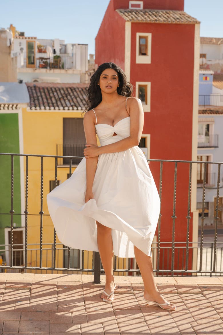 Reverie Twist Front Ruched Cotton Midi Dress, Alternate, color, White