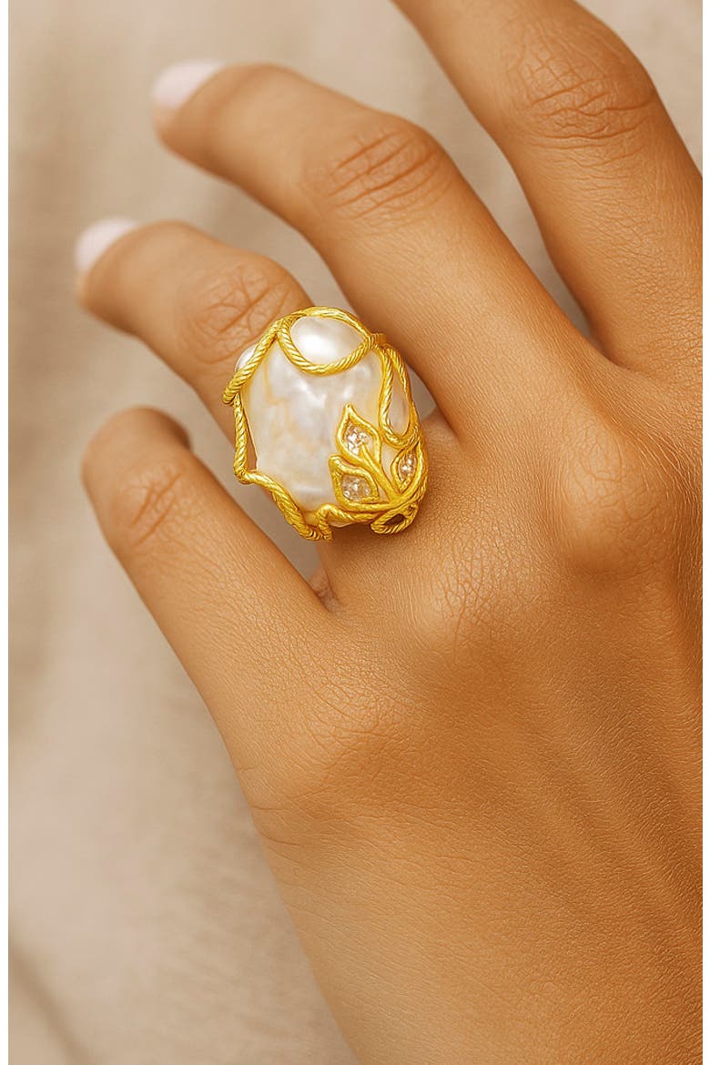 Freshwater Pearl Leaf Ring, Alternate, color, GOLD