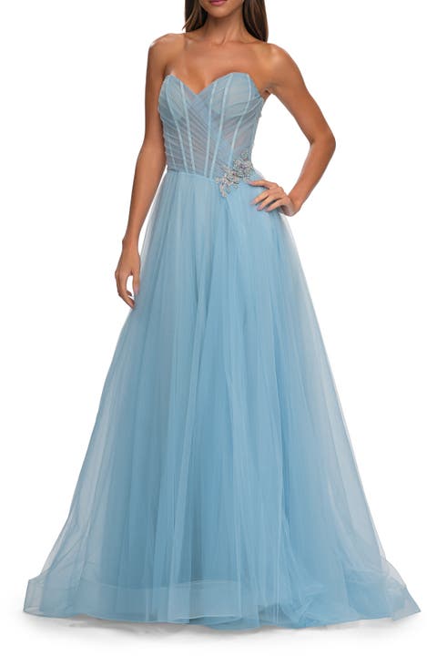 Strapless A-line Tulle Dress with Floral Waist Detail