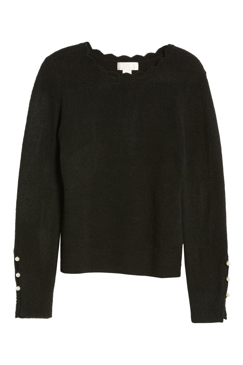 Scalloped Crewneck Sweater, Alternate, color, BLACK