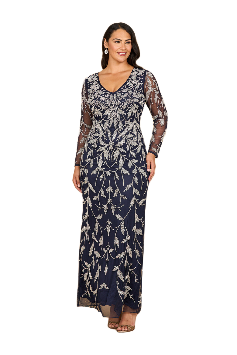 Long Sleeve Contrast Beaded Gown, Main, color, Navy