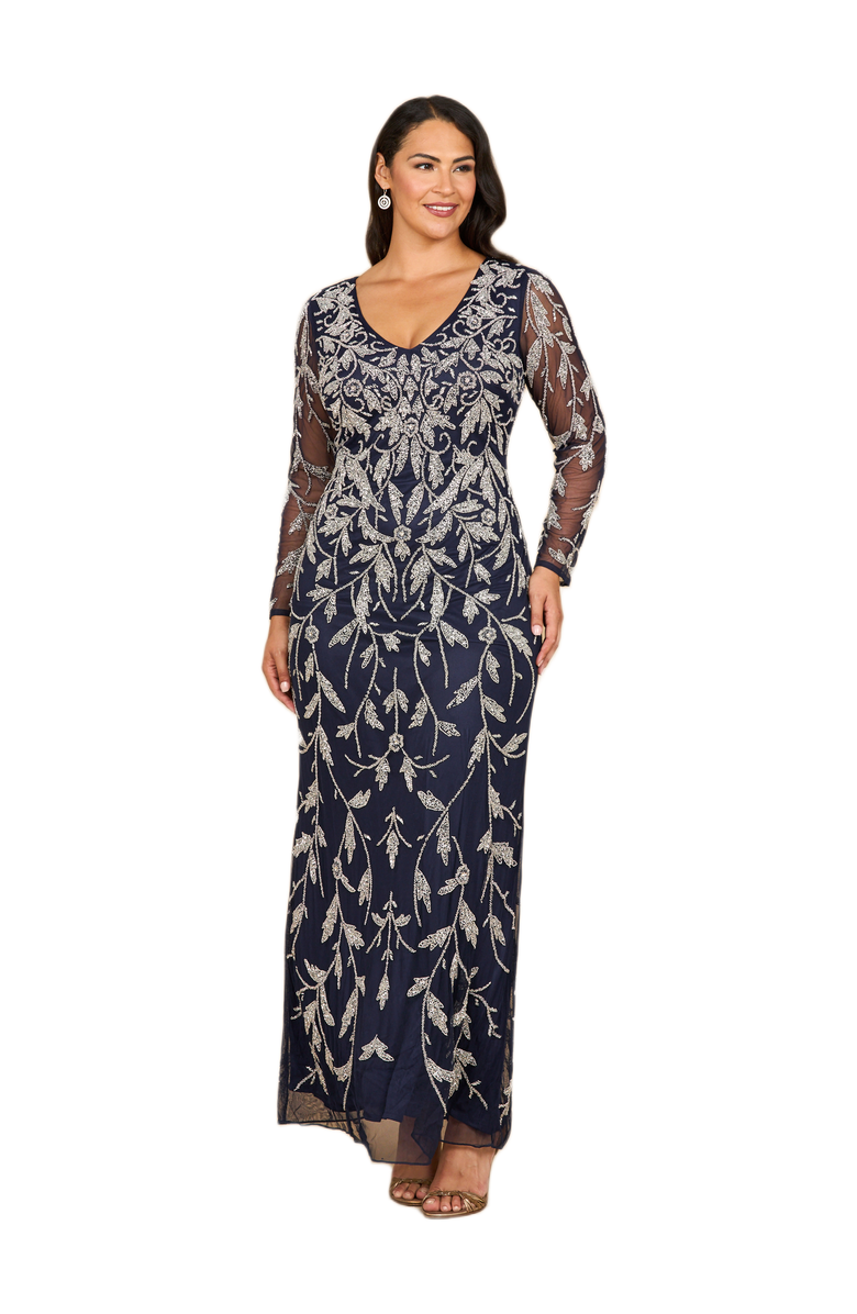 LARA New York Long Sleeve Contrast Beaded Gown, Main, color, Navy