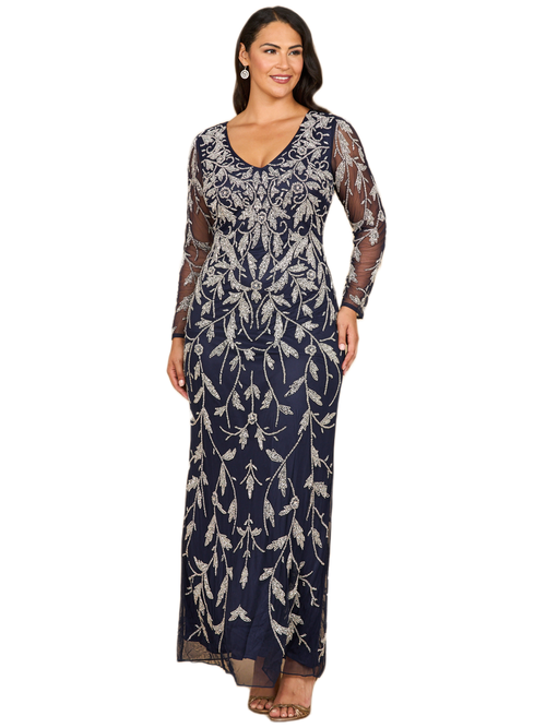 Lara New York Long Sleeve Contrast Beaded Gown In Blue