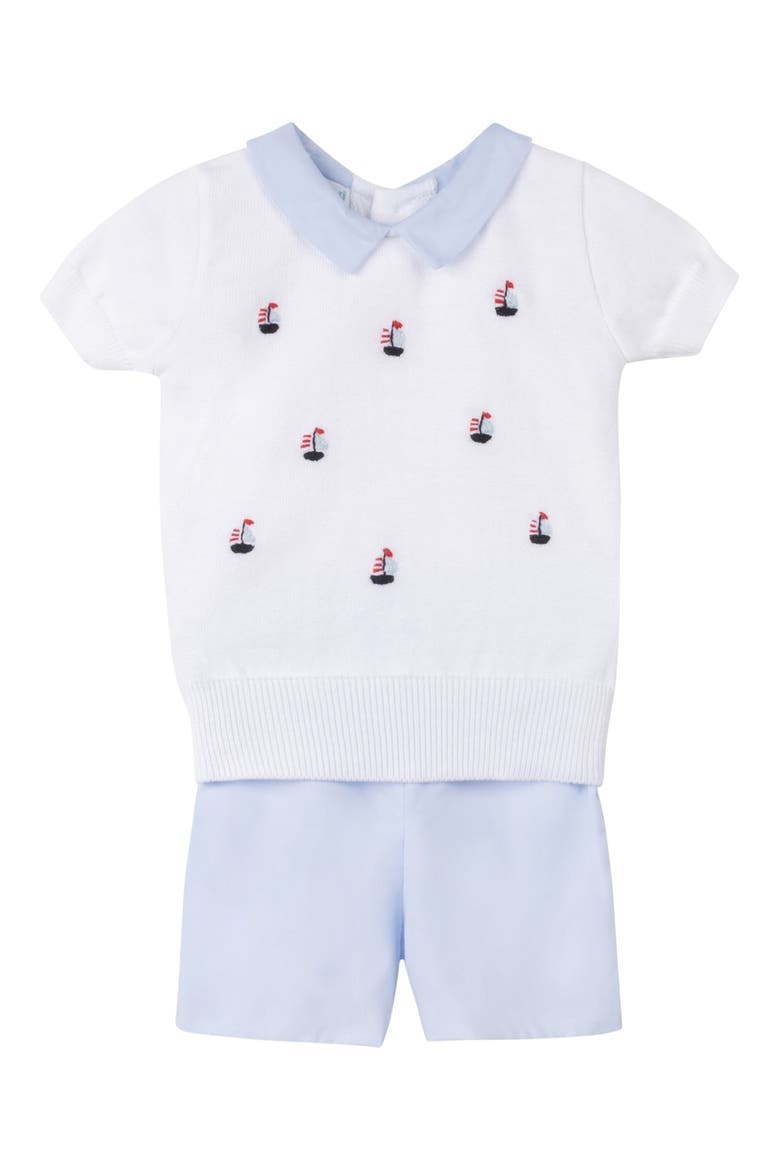 Sailboat Embroidered Short Sleeve Sweater & Shorts Set, Main, color, WHITE/ BLUE