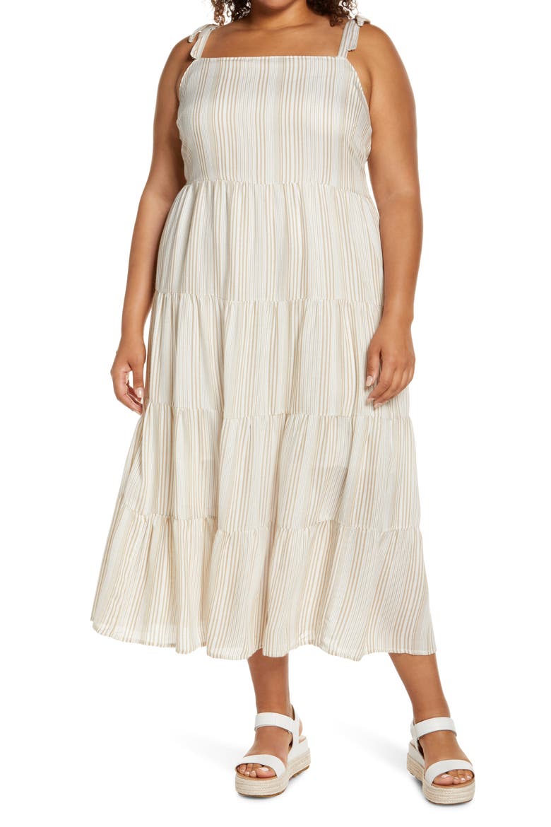 Tie Shoulder Tiered Maxi Dress, Main, color, IVORY- KHAKI STRIPE