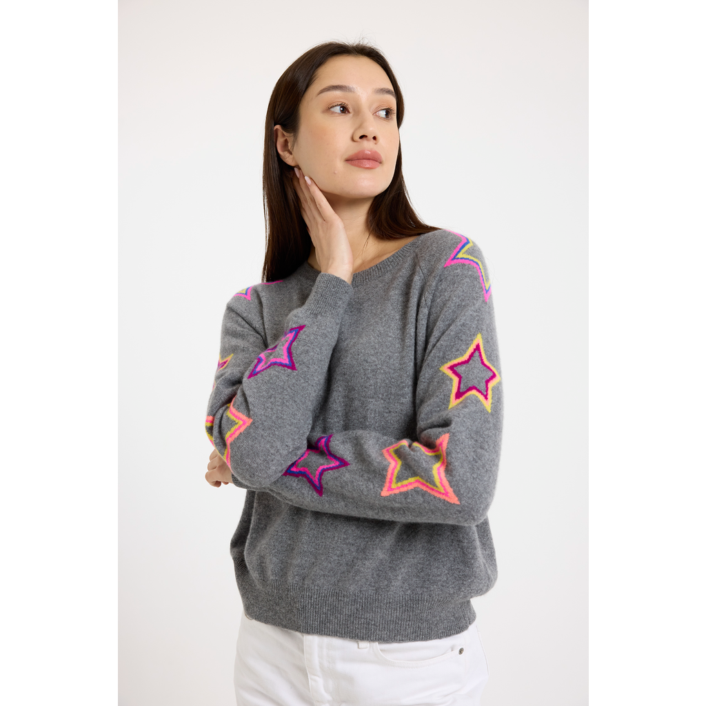 Brodie Pure Cashmere Pop Star Sleeve Crew Neck Jumper In Gray