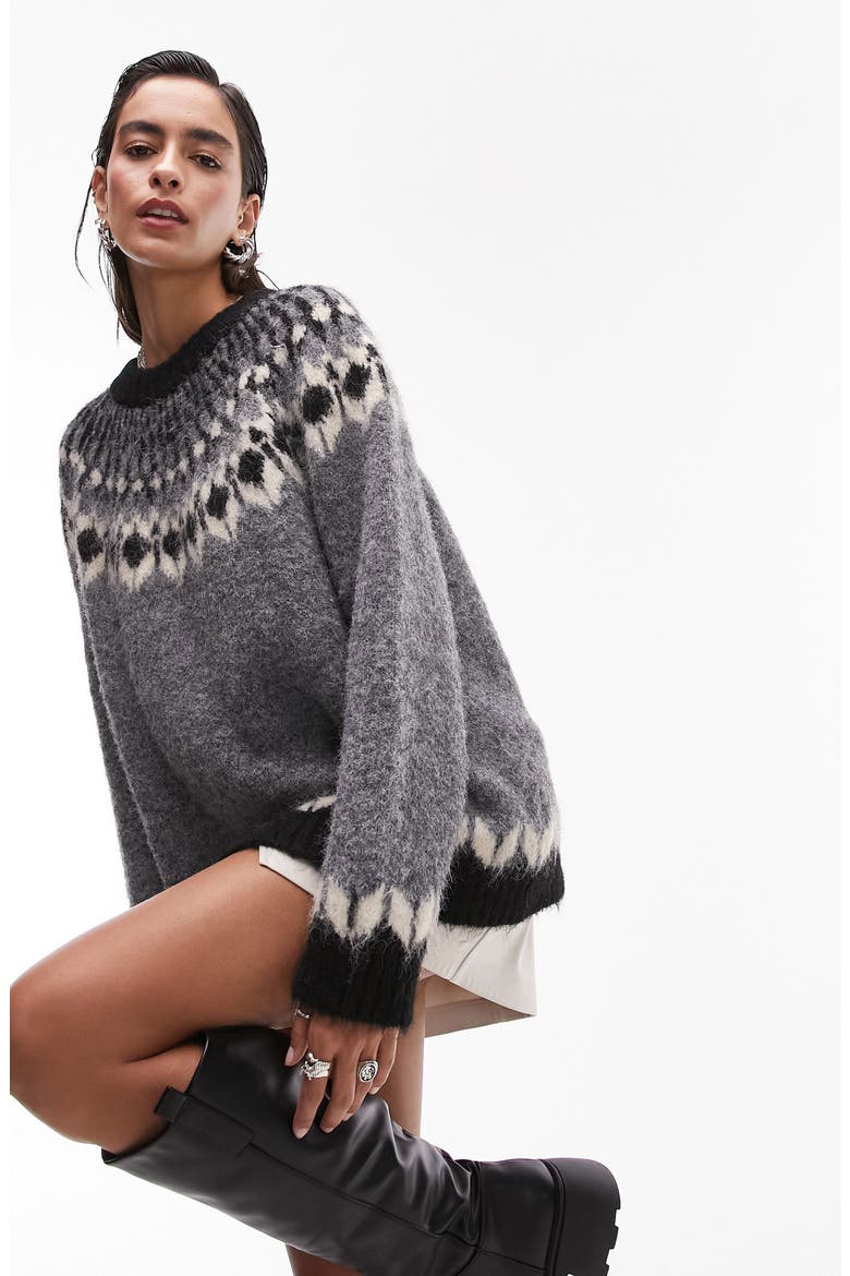 Fuzzy Fair Isle Sweater, Main, color, GREY