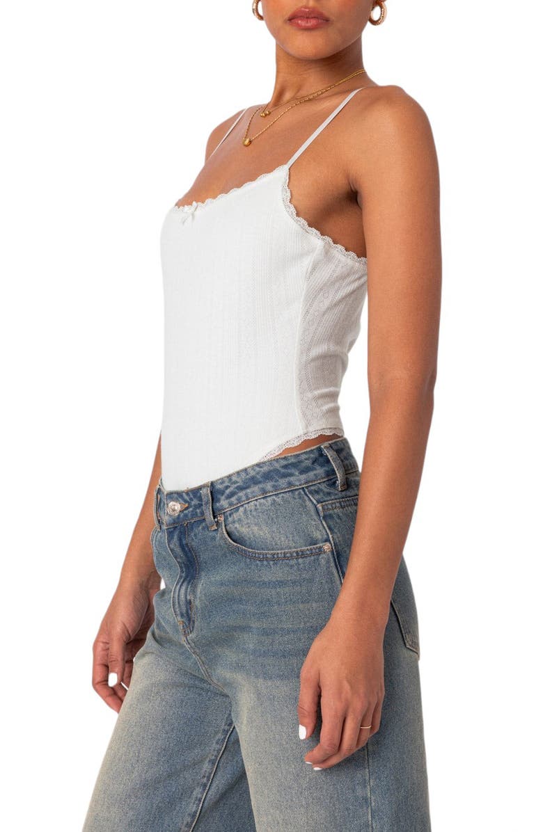 EDIKTED Krysten Pointelle Lace Trim Bodysuit, Alternate, color, White