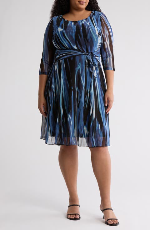 Abstract Fit & Flare Mesh Midi Dress (Plus)