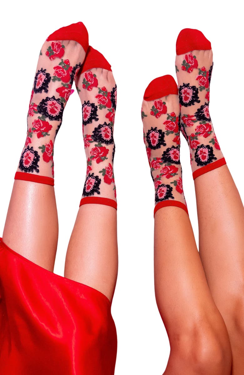 Sock Candy Fancy Assorted 2-Pack Metallic Floral Sheer Crew Socks, Alternate, color, Red Multi