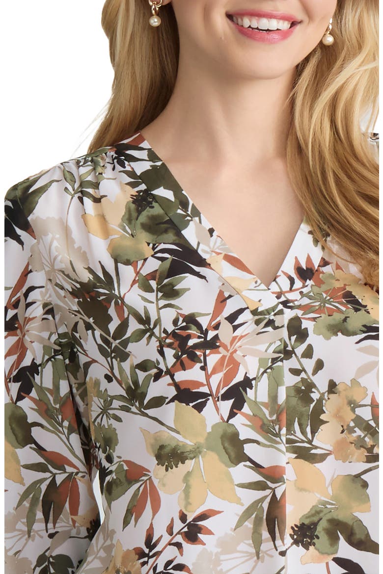 Floral Three Quarter Sleeve Crepe Top, Alternate, color, WHITE SAND MULTI