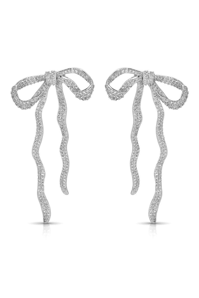 Pavé Cubic Zirconia Bow Drop Earrings, Main, color, SILVER